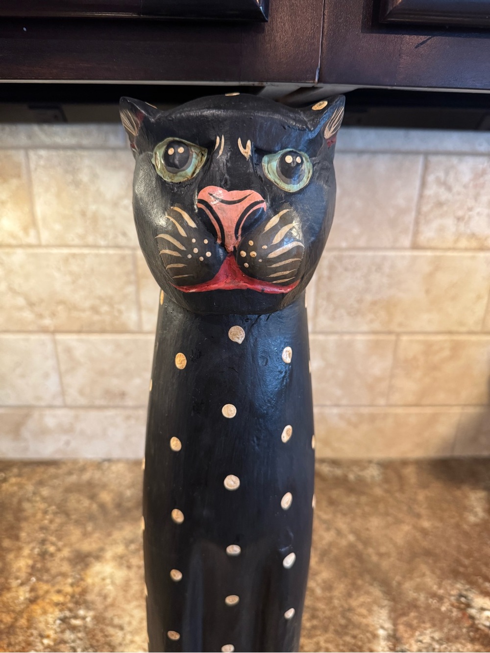 Vintage Hand Carved Black Cat Folk Art Wood Statue